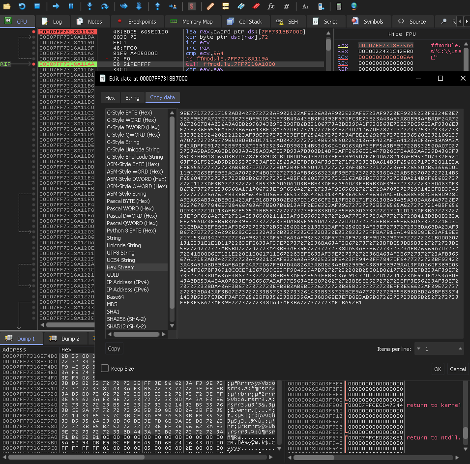 Extracting decrypted payload as hex stream